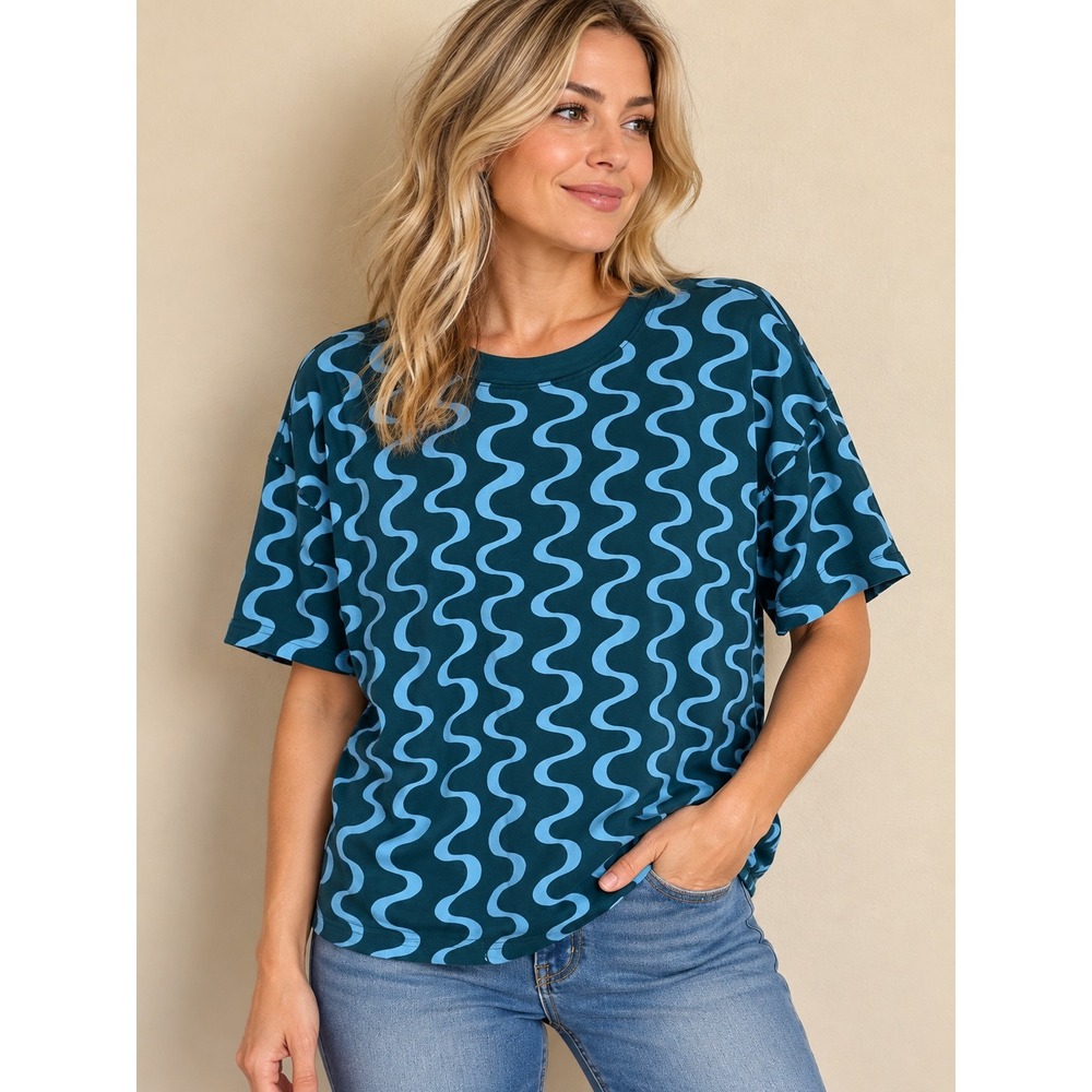 Ava & Viv T-Shirt 1X Teal Blue Cotton Wavy Squiggle Retro Groovy Tee